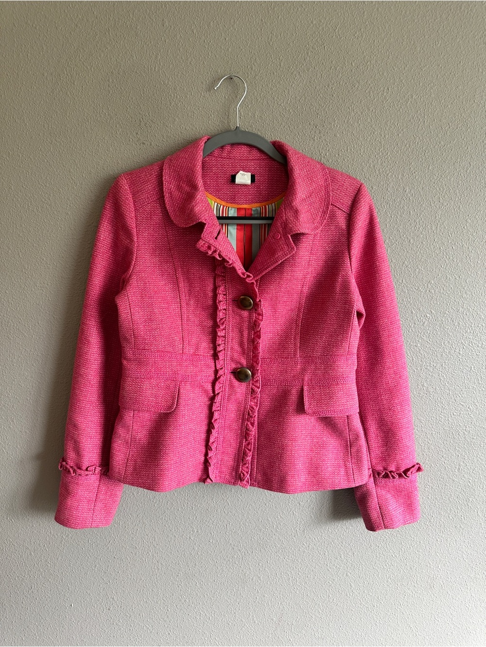 Vintage Y2K J. Crew Pink Wool Ruffle-Trim Blazer 10